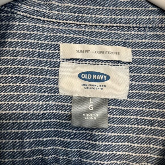 OLD NAVY Mens Blue White Chambray Stripe Short Sleeve Button Down Shirt SLIM FIT - Picture 5 of 11